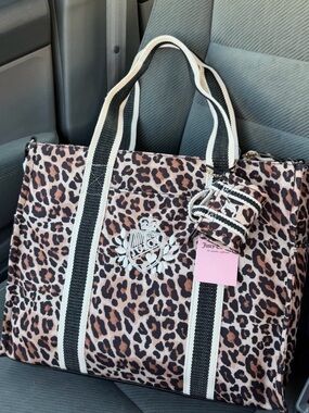 Juicy Couture Leopard Tote with Black-and-Cream Striped Handles